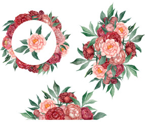 Hand-drawn bouquet of pink flowers. Watercolor iolated composition with peonies.