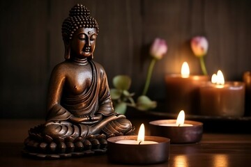 Buddha statue in meditation with lotus flower and burning candles. Meditation, spiritual health, peace, searching zen concept. AI generative