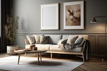 Relaxed interior with sofa, table, shelf, and picture frame. Generative AI