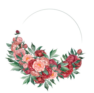 Wreath, floral frame, watercolor flowers, peonies and leaves, Illustration hand painted. Isolated on white background. Perfectly for greeting card design
