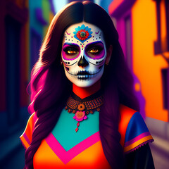 Mexican celebration of the day of the dead.
Woman made up as a skull. Día de los muertos in a Mexico village. Frontal image. Woman with long brown hair and make up looking at front. Scary. 