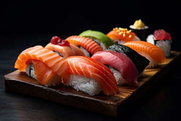Sushi tasty arrangement product photography. Fresh traditional salmon and rice gourmet roll. Japan or asian fish food cuisine. Ai generated