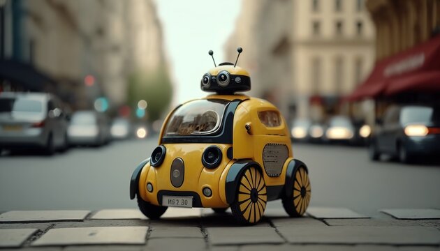Mini selbstfahrendes Postauto. K&uuml;nstliche Intelligenz liefert selbstst&auml;ndig Pakete aus.