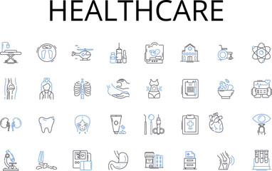 Healthcare line icons collection. Medical services, Healthcare services, Clinical care, Treatment options, Health management, Wellness programs, Health promotion vector and linear illustration