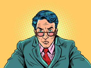 Attentive and serious office manager accepting an offer. HR agent offers a job. A man in a suit and glasses looks at you and holds out his hands to you. Pop Art Retro