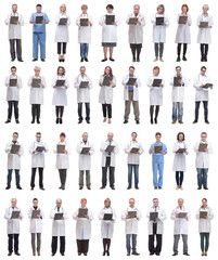 full length group of doctors with notepad isolated