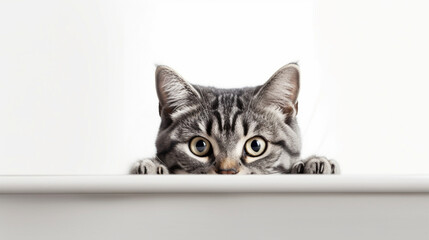 Cute tabby kitten peeking from behind a white wall. Generative ai