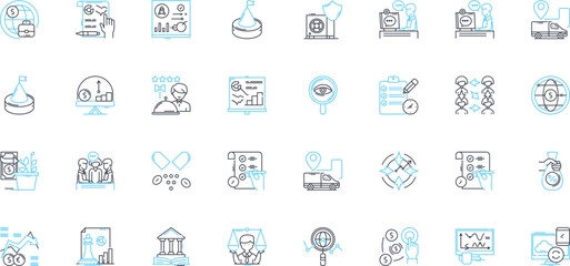 Financial management linear icons set. Budgeting, Investing, Planning, Saving, Cashflow, Audit, Forecasting line vector and concept signs. Debt,Risk,Analysis outline illustrations