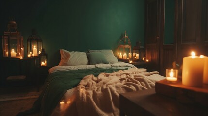 Interior of bedroom with pink and green blankets on bed - Generated by Generative AI