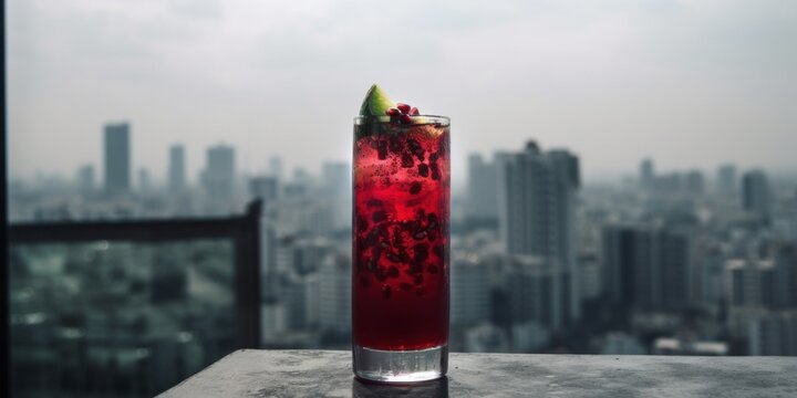 A Tall Glass Filled With Red Cocktail Sitting On Top Of A Table. AI Generative Image.