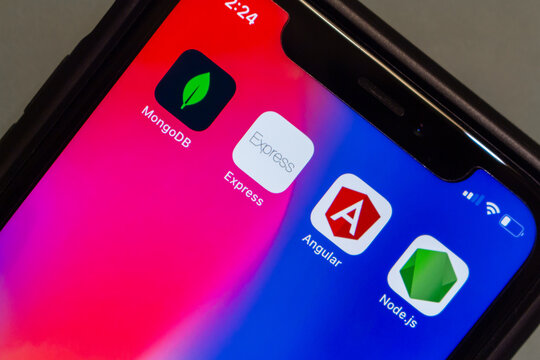 Vancouver, CANADA - Mar 29 2023 : MEAN stack (MongoDB, Express.js, Angular and Node.js) icons seen in an iPhone. MEAN is an OSS JavaScript software stack for building dynamic web sites and web apps