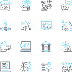Fiscal regulation linear icons set. Taxation, Budget, Revenue, Debt, Deficit, Inflation, Spending line vector and concept signs. Auditing,Oversight,Policy outline illustrations