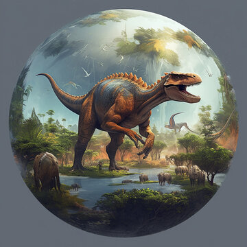Dinosaur on background of ancient planet. Concept of evolution..