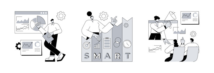 Business enterprise management abstract concept vector illustration set. Business information system, SMART objectives, marketing meetup, business internet forum, goals achievement abstract metaphor. © Vector Juice