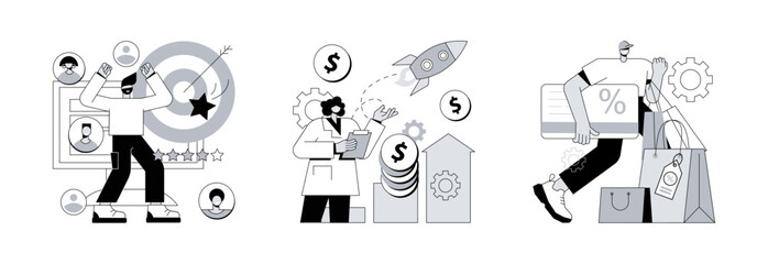 Customer engagement abstract concept vector illustration set. Lead management, boost sales plan, discount and loyalty card, customer service, digital marketing strategy, promo abstract metaphor.