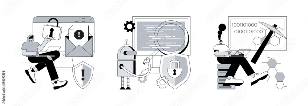 Wall mural spyware development abstract concept vector illustration set. malware and computer virus, industrial