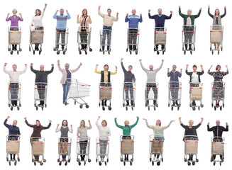 group of people with cart raised their hands up