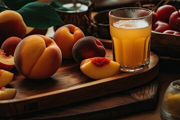 wooden cutting board with fresh peaches and a glass of juice on a table. Generative AI