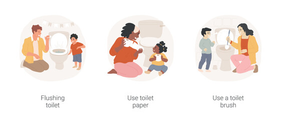 Teach toilet hygiene isolated cartoon vector illustration set. Showing the kid how to flush toilet, mom holding toilet paper, teach child to use toilet brush, personal hygiene rules vector cartoon.