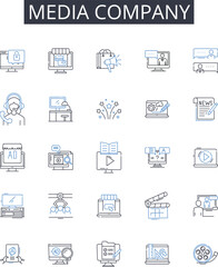 Media company line icons collection. Advertising firm, News outlet, Television nerk, Publishing house, Press agency, Film studio, Broadcasting company vector and linear illustration. Content provider