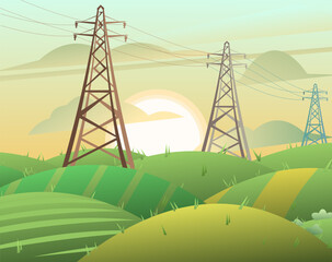 High voltage power line. Rural landscape. Energy supply. Metal frame poles support wires. Cartoon fun style. Flat design. Vector