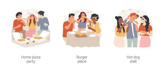 Teenagers favorite food isolated cartoon vector illustration set. Home pizza party, teens eating together at home, going to burger place, friends having hot dogs at small table vector cartoon.