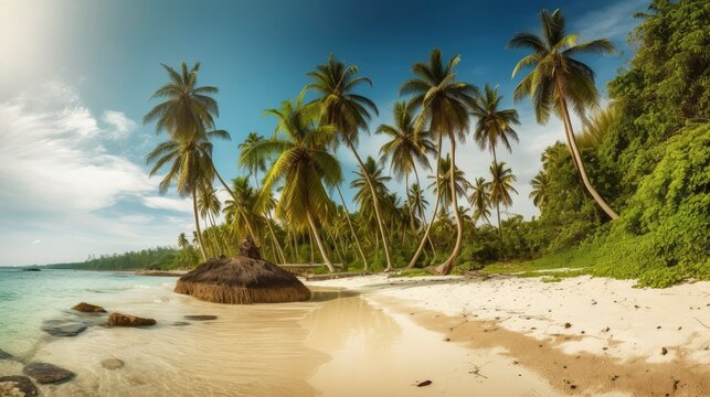 Tropical relax beach as summer island landscape with beach swing or hammock on palm, close to fantastic sea view. Amazing beach panorama vacation and summer holiday concept. AI GENERATIVE.