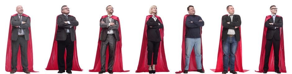 group of people in red raincoat isolated on white - obrazy, fototapety, plakaty