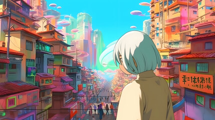 Naklejka premium Futuristic Anime Girl in an Asian Metropolis