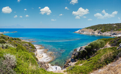 Naklejka na ściany i meble Summer sea coast landscape (Halkidiki, Sithonia, Greece).