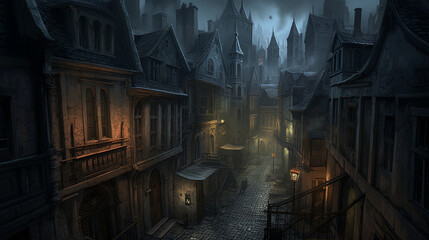 A dark gothic city with mist at night, made with generative AI