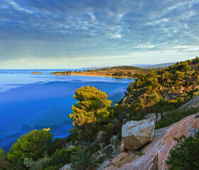 Morning Aegean Sea coastline and Kastri beach. Summer top view (Nikiti, Sithonia, Halkidiki, Greece).