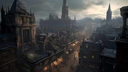 A dark gothic city with mist at night, made with generative AI