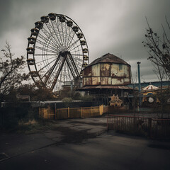 A decaying amusement park with a Ferris wheel, made with generative AI