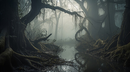 A dark misty swamp, made with generative AI