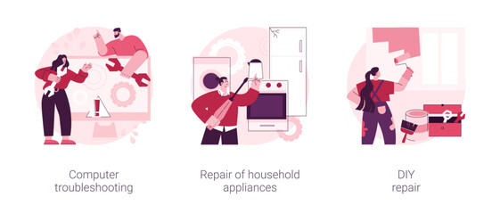 Repair and maintenance services abstract concept vector illustration set. Computer troubleshooting, DIY repair of household appliances, warranty, video tutorial, problem fix abstract metaphor.