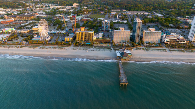 Aerial view of Myrtle Beach, SC during sunrise.