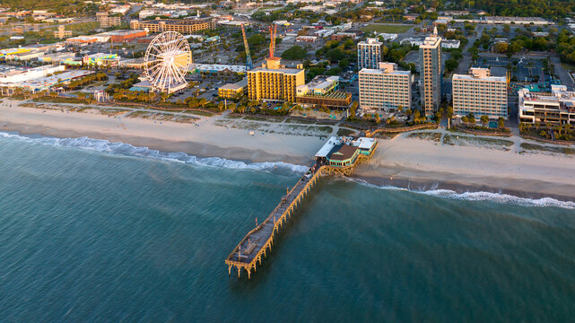 Aerial view of Myrtle Beach, SC during sunrise.
