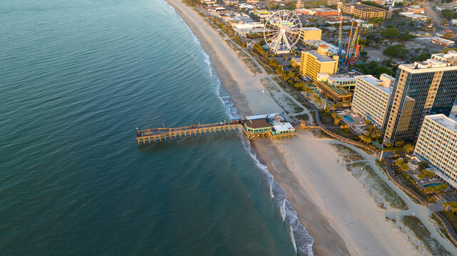 Aerial view of Myrtle Beach, SC during sunrise.