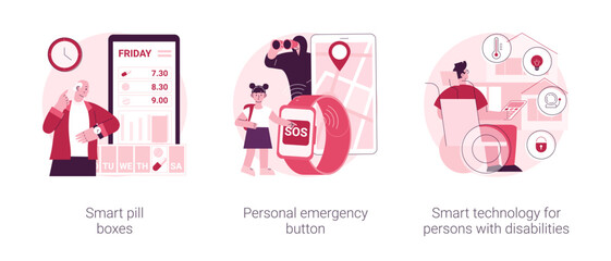 Digital healthcare support abstract concept vector illustration set. Smart pill boxes, personal emergency button, smart technology for persons with disabilities, home automation abstract metaphor.