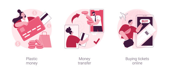 Electronic transactions abstract concept vector illustration set. Plastic money, money transfer, buying tickets online, credit and debit card, online cashback service, shopping abstract metaphor.
