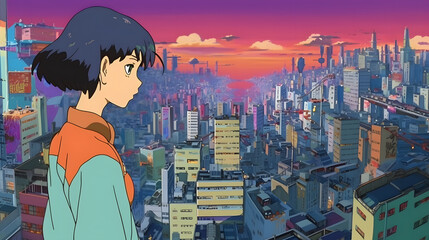 Futuristic Anime Girl in an Asian Metropolis