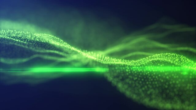 Abstract looping green energy waves from particles of futuristic hi-tech glowing background, video 4k, 60 fps