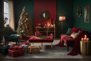 Fototapeta na wymiar A cozy living room draped in plush fabrics in red and forest green with golden accents, a pile of presents wrapped in luxurious paper with ribbon cascading off the sides of a table. Generative AI