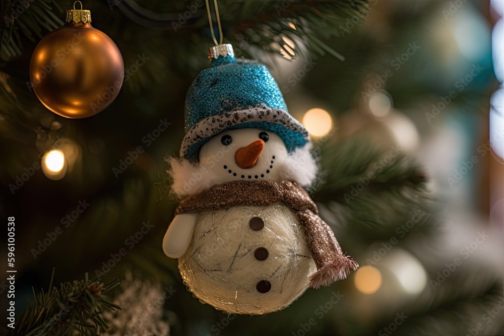 Canvas Prints festive snowman ornament hanging from a decorated Christmas tree. Generative AI