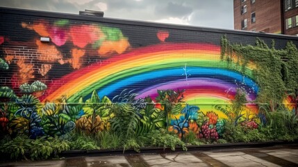 Painting rainbow colors on Brick wall. ai generative.