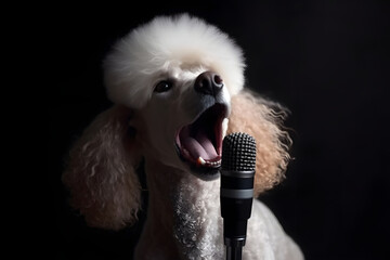 White poodle sing a song in front of the microphone, black background. Generative AI