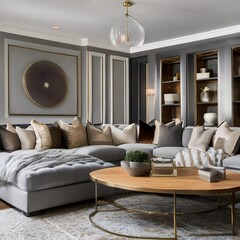 20 A transitional-style living room with a mix of neutral and metallic finishes, a large sectional sofa, and a mix of patterned and solid throw pillows4, Generative AI
