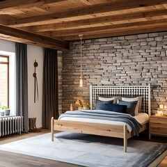 3 A cozy, rustic bedroom with a mix of wooden and plaid finishes, a classic wooden bed frame, and a mix of patterned and solid bedding4, Generative AI