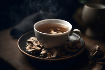 Mushroom tea for health, dried mushrooms and cup of hot steaming tea on the table, dark rustic background. Generative AI